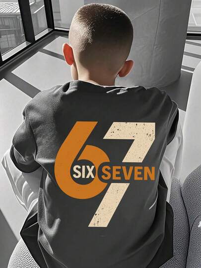 Tween Boy "Six Seven" 67 Numeric & Letter Print T-Shirt, Suitable For Boys Street, Campus, Event, Daily Wear, Fashionable Summer Top