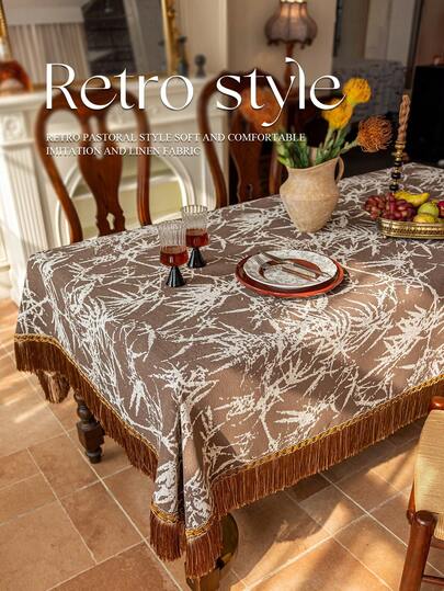 1pc Coffee-Colored Chenille Jacquard Tablecloth With Tassel Trim, Elegant Rustic Style, Suitable For Holidays, Parties, Banquets, Restaurants, Weddings, Home Dining Table Decor