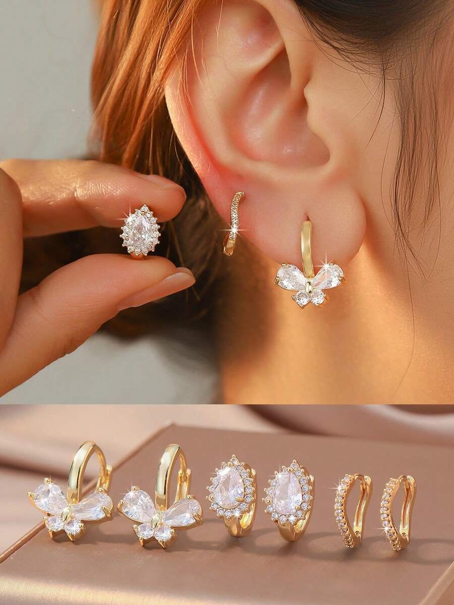 3对优雅的立方氧化锆蝴蝶和水滴扭纹耳钉，轻盈百搭，适合春季婚礼、日常甜美优雅风格、节日礼物 - 金色 - 查看 1