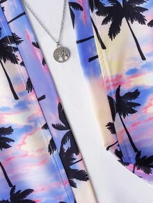 Conjunto de camisa tejida con estampado de árbol de coco casual para niños adolescentes - Morado - Ver 6