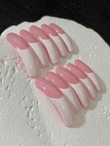 10片优雅裸色法式美甲贴片，长款弧形可拆卸佩戴，百搭实用，适合日常通勤 - 白色 - 查看 13