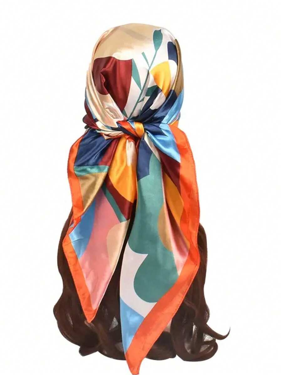 1条时尚印花女士方巾，休闲防晒头巾，大披肩 - 橘色 - 查看 1