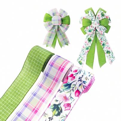 3 Rolls Spring Floral Grid Green Plaid Pink Plaid Floral Pattern Handmade Satin Ribbon, Suitable For Making Wreaths, Bows, DIY Crafts, Gift Wrapping, Party Decorations, Each Roll 2.5 Inches Wide, 12 Yards Long