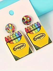 1 par de pendientes acrílicos con colgante de lápiz y crayón de colores brillantes, regalo de moda y creativo para adolescentes - Multicolor - Ver 4