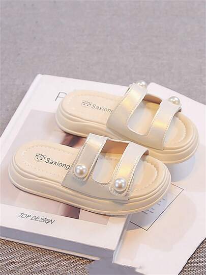 1 Pair Beige Baby/Toddler Girls' Fashion Rhinestone Slip-On Sandals, Colorful Soft PU Material Round Toe, Comfortable Cute Roman Beach Slippers For 3-15 Years Old, Suitable For Daily Casual, Beach, Summer