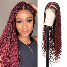 36英寸360°高清全蕾丝编织假发，女士波西米亚风编织假发，带婴儿发，盒式辫假发，手工钩编合成全蕾丝编织假发，发尾卷曲，日常佩戴 - 彩色 - 查看 13