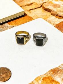 1pc Squared Rhinestone Stainless Steel Ring For Men, Durable Waterproof Non-Fading Hypoallergenic, Suitable For Daily Wear, Business Travel - Black Stone-set Men's Ring - View 9