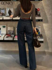 DONICY Damen Einfarbiges Langarm T-Shirt mit tiefem V-Ausschnitt und Rückenausschnitt, Basis Top, tiefer V-Ausschnitt in vielseitigem Stil, geeignet für Frühlings-/Sommerausflüge, Dates, Treffen, Layering, Lässig Business, Lässig Zuhause - Mokka-Braun - Übersicht 8