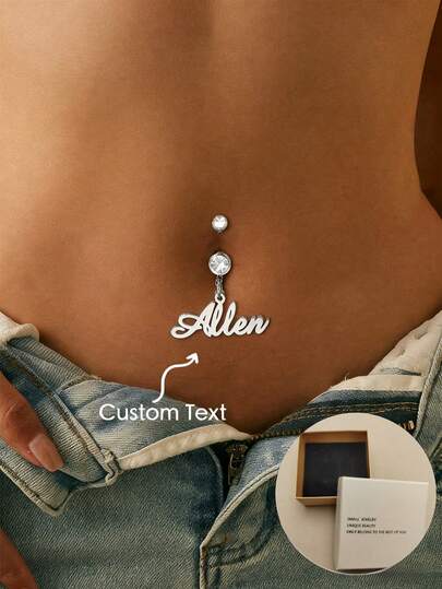 Anillo de ombligo personalizado de acero inoxidable con nombre sexy y colgante de cristal redondo para mujer, regalo ideal para vacaciones, moda otoñal, vintage, sencilla, Y2K, moda de los 2000, personalizada, única, ideal para su novia, mamá, familia, amigos, hija, abuela/abuelo para aniversarios, cumpleaños, uso diario, baile de graduación, Día de la Madre, San Valentín, graduación, bodas, atuendos elegantes