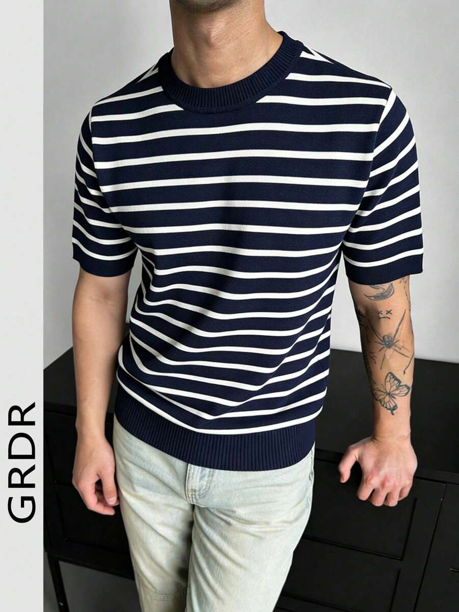 GRDR Men's Basic Round Neck Striped Short Sleeve Knit Sweater, Spring/Summer - Black - View 1