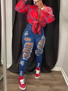 Ripped Skinny Jeans For Daily Wear Casual Spring - Medium Wash - View 6