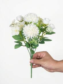 人造牡丹花刺绣球，混合花卉，塑料丝花，玫瑰花苞，生日派对，活动，装饰，婚礼捧花，新娘捧花，家居装饰，餐厅，卧室，窗台装饰，花瓶装饰，情人节礼物，新年装饰，户外花园，返校季，情人节，毕业礼物 - 白色 - 查看 5