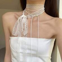 1pcs Retro White Black Lace Bow Choker Necklace For Women Fashion Double-Layer Long Adjustable - Đen-B - Xem 8