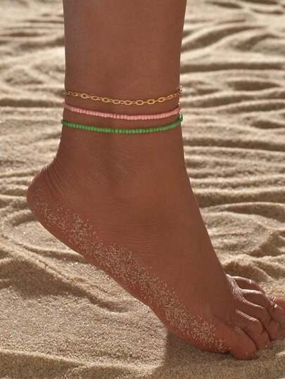 Set de 3 piezas de tobilleras con cuentas de colores para mujeres