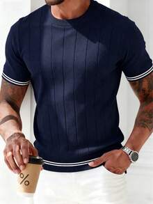 GRDR Men's Summer Ribbed Crew Neck Knit Short Sleeve Sweater - Navy Blue - View 2