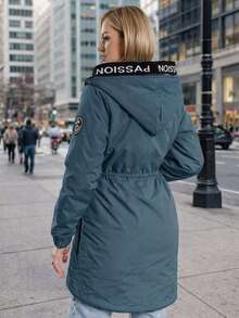 Oversize-Parka für Damen, leicht gefütterte Jacke mit Kapuze, feste Kapuze, Reißverschluss, dekoratives Strickmuster entlang der Jacke, elastische Bündchen an den Ärmeln, Kordelzug in der Taille, mittellang bis zum Oberschenkel, lässig, Frühling/Herbst - Königsblau - Übersicht 2