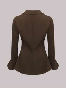 SHEIN Black Friday x Star Picks 女款收腰平領極簡風喇叭袖襯衫，休閒日常穿著，夏季長袖上衣，商務休閒春季風格 - 棕色 - 查看 2