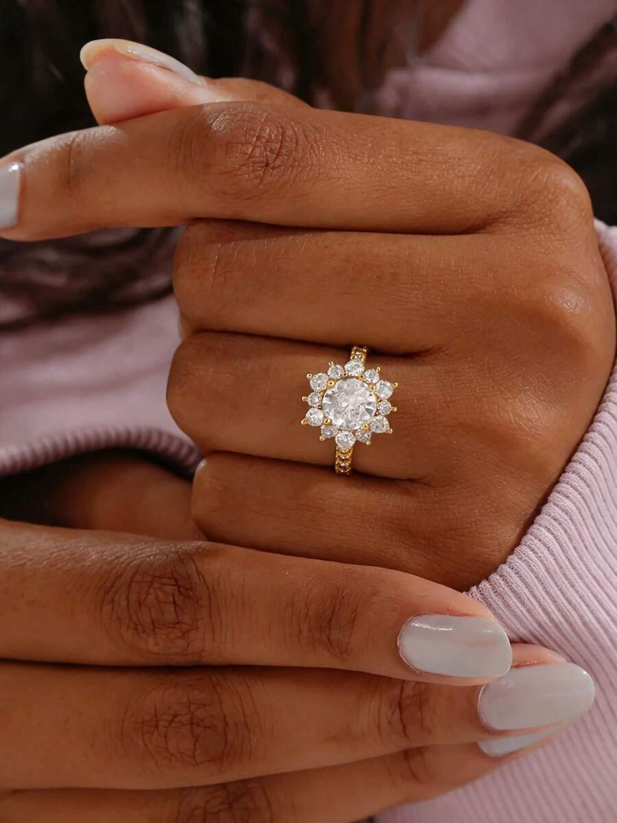 男女款立方氧化锆结婚订婚戒指，18K镀金向日葵造型戒指，奢华珠宝，度假派对生日日常礼物 - 1 - 查看 1