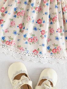 女婴碎花吊带连衣裙，蕾丝边收腰吊带裙，乡村风，夏季 - 粉色 - 查看 5