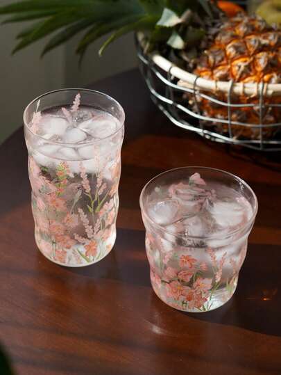 1pc Lily Pattern Glass Cup, Suitable For Home, Cafe, Office, Restaurant, Afternoon Tea, Coffee Cup, Latte Cup, Juice Cup, Holiday Gift, Women's Day, Ramadan, Eid, Valentine's Day