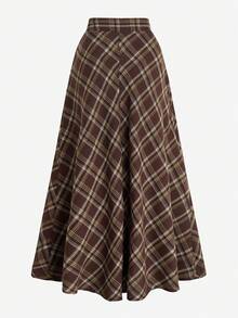 女士优雅高腰格子复古百褶A字裙，适合通勤和日常穿着，春秋季 - 咖啡棕 - 查看 4