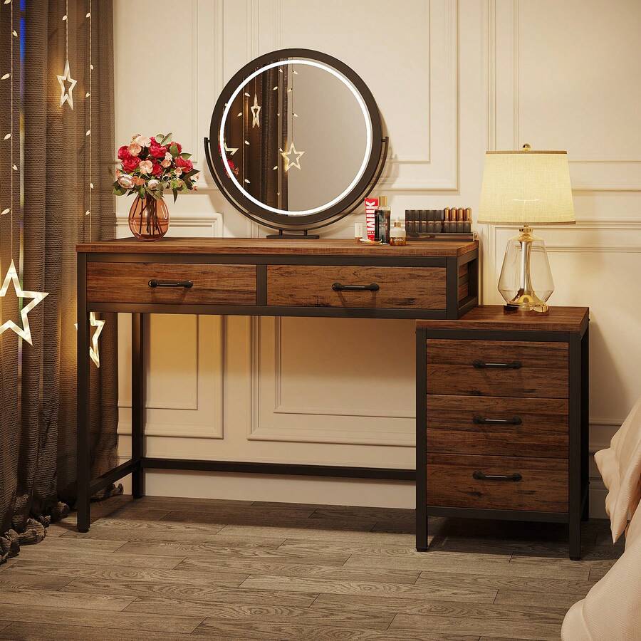 LITTLE TREE Makeup Vanity Desk With 5 Drawers, Rustic Vanity Table With With Reversible Storage Cabinet,Dressing Table For Small Spaces,Women, Girls Bedroom,Home Office(Without Mirror) - Nâu mộc mạc - Xem 1