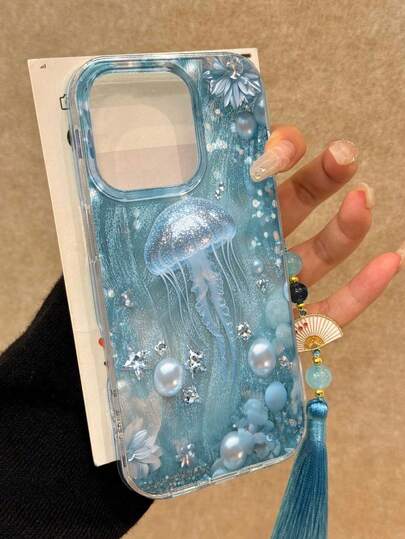 Funda de teléfono de verano 3D compatible con iPhone 14, 14 Pro, 14 Pro Max, 13, 13 Pro, 13 Pro Max, 11, 11 Pro Max, XR, 7/8, con decoración de perlas de colores, borlas blancas y diseño de medusas de estilo de gasa de plumas azul onírico