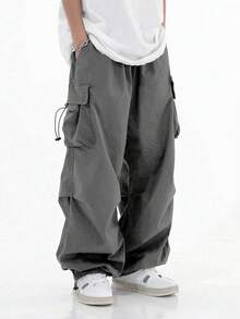 加大码男士工装阔腿裤，多口袋功能性宽松卷边高街休闲裤 - 灰色 - 查看 6