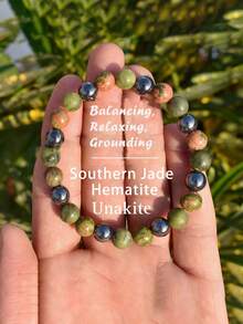 注入灵气能量的绿帘石平衡手链，男女皆宜，南方玉石赤铁矿材质，具有保护、接地、冥想功效，波西米亚风格，灵性能量饰品 - 彩色 - 查看 2