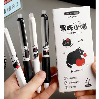 4pcs Erasable Neutral Pen Set - 0.5mm Fine Point, Blue Ink, Quick-Drying And Smooth Writing, Cute Cat Design With Heart-Shaped And Clawprint Patterns, Comes With Rubber Cap And Transparent Ink Tube, Suitable For School, Office, Journaling, Exam Notes - Ideal Gift For Children And Teenagers (Blue And Black) - Compatible With Japanese Manga Style Stationery Enthusiasts, Includes 4 Pens And Cute Cat Theme Packaging, Custom Pen, Fun Work Pen, Aesthetic Pen, Press-Type Pen, Novel Pen