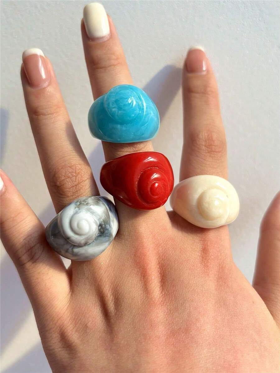 Set de 4 anillos de resina con conchas marinas de colores, lindo conjunto de anillos con elementos oceánicos, adecuado para uso diario y vacaciones en la playa - Multicolor - Ver 1