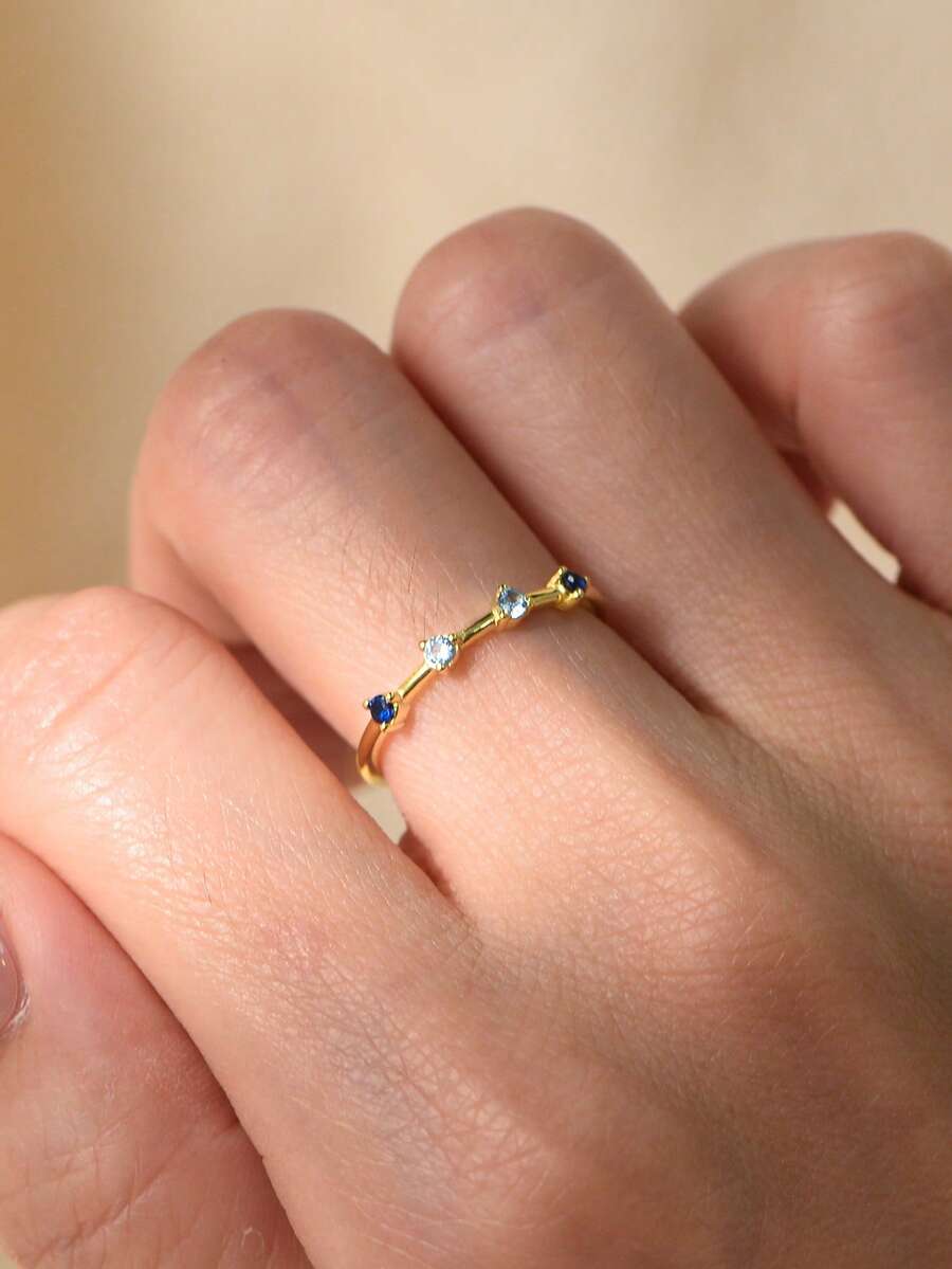 1 pieza Anillo de plata de ley 925 con circonita azul ombré delicado y elegante, banda fina y apilable de lujo minimalista para mujer - Dorado - Ver 1