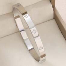 1 buah Gelang Klasik Terbuka dari Baja Titanium yang Tidak Pudar, Gelang Batu Zirkonia Empat Daun Unisex - Gelang berlian besar - View 6