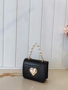 1pc Girl's Crocodile Embossed PU Twist Lock Closure Fashion Handbag, Suitable For Spring/Summer Daily Use - Black - View 5