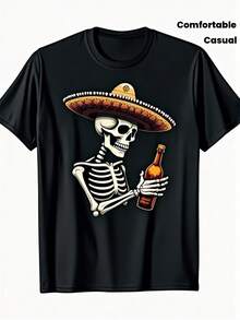 Reaper Festival Retro Skull T-shirt, 100% cotton, black short sleeved, colorful Mexican hat skull design, men's casual round neck, comfortable all year round, medium stretch, fit and comfortable Mexican style T-shirt - Negro - Ver 1