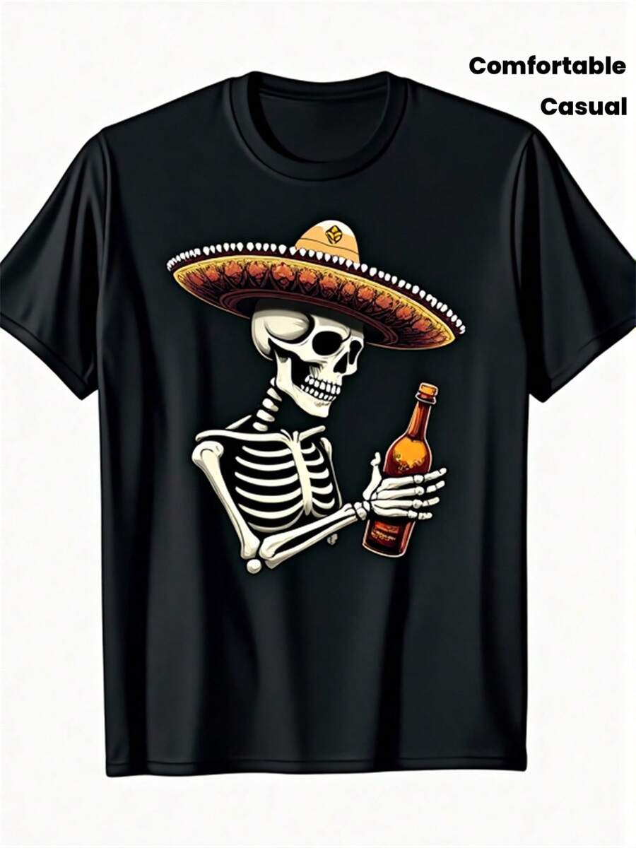 Reaper Festival Retro Skull T-shirt, 100% cotton, black short sleeved, colorful Mexican hat skull design, men's casual round neck, comfortable all year round, medium stretch, fit and comfortable Mexican style T-shirt - Negro - Ver 1