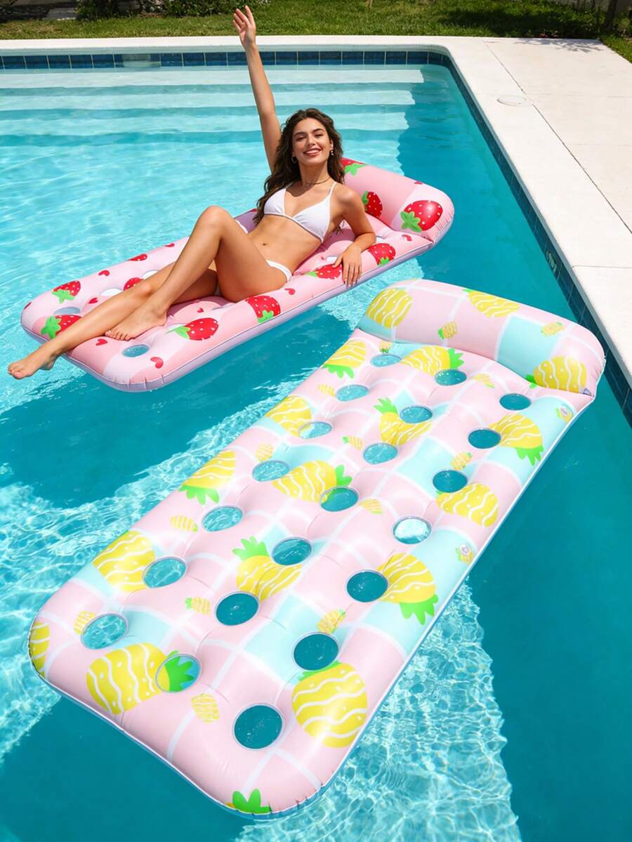 1pc Inflatable Float, Hollow Design, Fruit Style With Strawberry And Pineapple Elements, Made Of PVC Material, With Pillow, Suitable For Water, Beach, Pool Activities, Theme Parties, Inflatable Water Float, Pool Inflatable Floating Seat, Inflation Pump Needs To Be Purchased Separately - Fruit Hole Floating Shelf - View 1