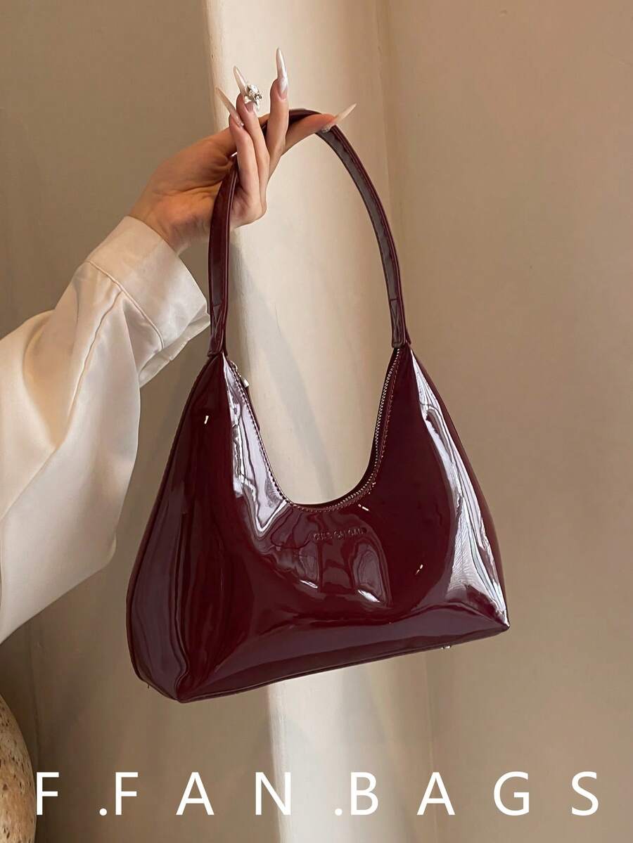 Túi đeo vai lưỡi liềm bằng da sơn mài màu đỏ phong cách Hàn Quốc, Túi xách nữ, Túi đeo nách thời trang, Chất lượng tốt - Màu Đỏ Sâu - Xem 1