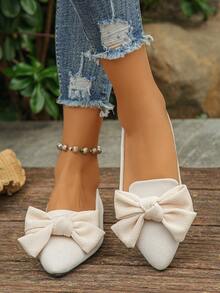 大码舒适软底尖头蝴蝶结女士平底便鞋，米色芭蕾舞鞋，优雅女鞋，乐福鞋，适合春季、夏季、日常、通勤、办公、休闲、散步等各种场合，四季皆宜，软底鞋，母亲节礼物 - 米色布面細紋 - 查看 5