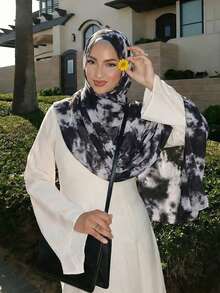 1pc Women's Bohemian Star & Moon Pattern Soft & Elegant Black Headscarf, Breathable Sun Protection, Suitable For Daily Abaya Robe Wear And Festive Formal Attire,Beach,Holiday,Travel Essential,Holiday - Black and White - View 6