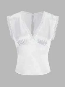 Womens Satin Lace Trim Tank Top Back Tie Up Deep V Neck Open Back Silky Camisole Vest Shirt Summer Sleeveless Backless Y2K Fairy Going Out Crop Tops Blouse Coquette Aesthetic Clothes Party Club Streetwear - Trắng - Xem 7