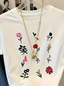 Women's 100% Cotton Casual Unisex T-Shirt With Floral Print And Round Neck, Ideal For Everyday Wear! - 白色 - 查看 2