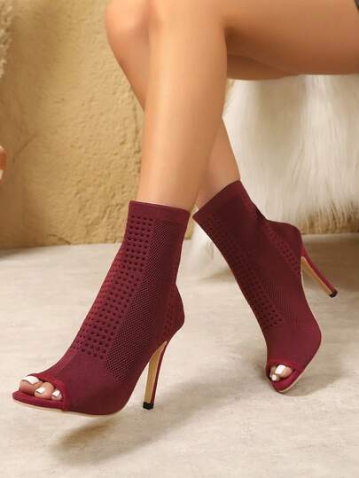 Fashionable Knitted Peep Toe High Heel Boots. The Perfect Combination Of Elegance And Personalized. Stylish Peep Toe High Heel Boots, Knitted Mesh Peep Toe Boots, Fine High Heel Design, Knitted Peep Toe High Heel Boots.