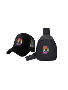 2件套儿童26字母印花卡车司机帽和胸包套装，时尚休闲遮阳帽，方便的迷你零钱包，适合女孩返校日常穿着 - 黑色 - 查看 7