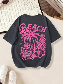 女童寬鬆圖案T恤，「BEACH Vibes」熱帶印花棕櫚樹與扶桑花飾 隨興寬鬆版型 海灘度假夏季穿搭 - 深灰色 - 查看 3