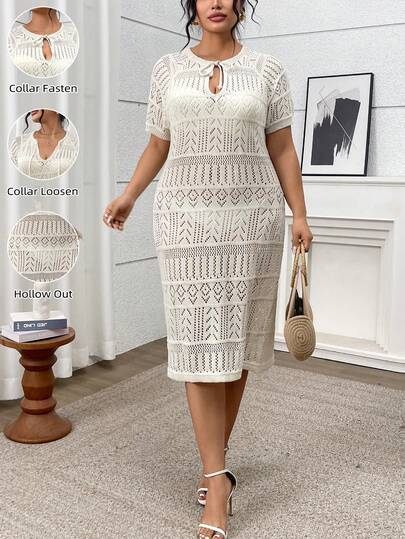 Plus Size Women Hollow Out Elegant Vacation Knit Dress