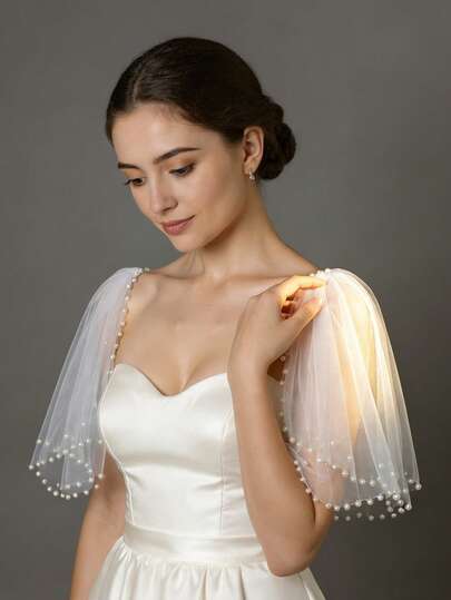 1对新娘礼服吊带披肩，5种颜色可选，短款珍珠雪纺肩部装饰，带安全别针，新娘婚礼肩部配饰