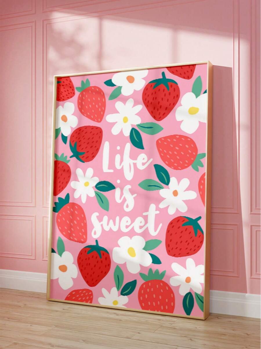 1pc Frameless Red Strawberry & White Floral Pattern Art Print, "Life Is Sweet" Quote, Vintage Cottagecore Whimsical Poster For Kitchen, Bedroom, Dorm Decor, Room Decor, Gift, Back To School - Strawberry - View 1