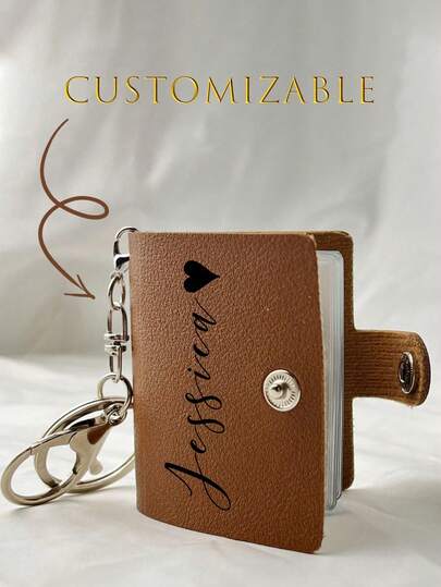 Chaveiro de Couro com Mini Álbum de Fotos de 2 Polegadas, Álbum de Chaveiro Scrapbook com 10 Bolsos para Fotos, Cartões