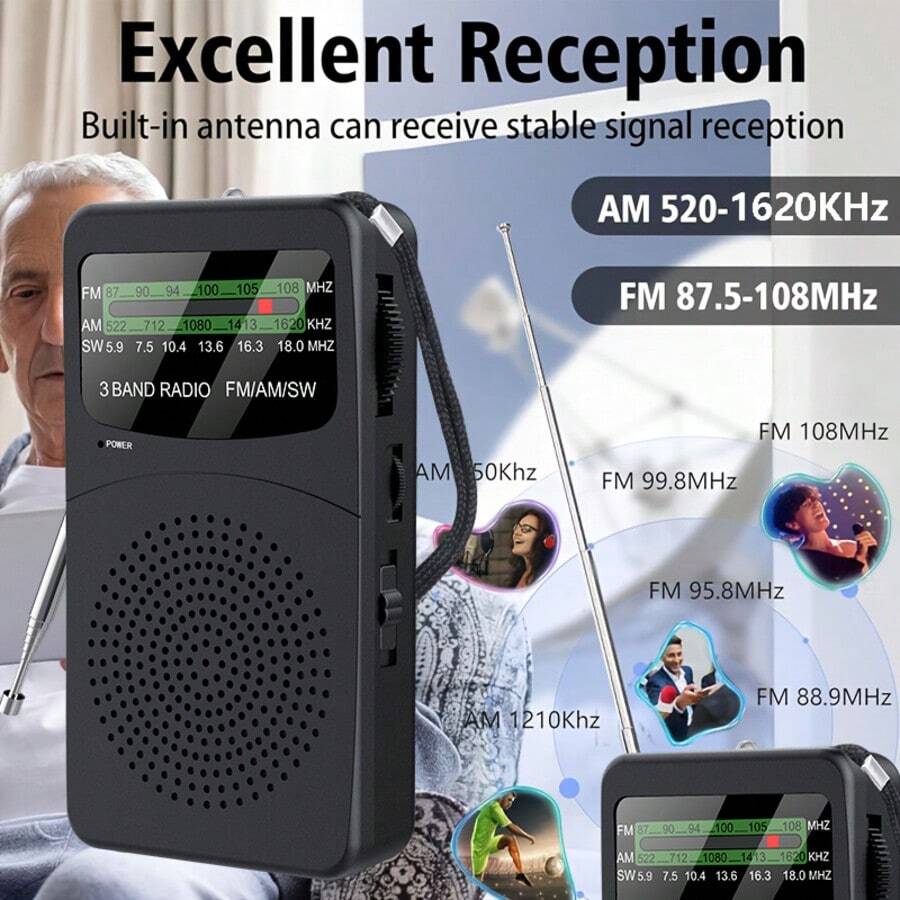 便携式收音机，支持AM/FM/SW频段，电池供电，配备3W大扬声器，晶体管收音机接收效果极佳，带背夹，可放入口袋，内置手电筒、3.5mm耳机插孔和调谐指示灯，是送给长辈的理想礼物。